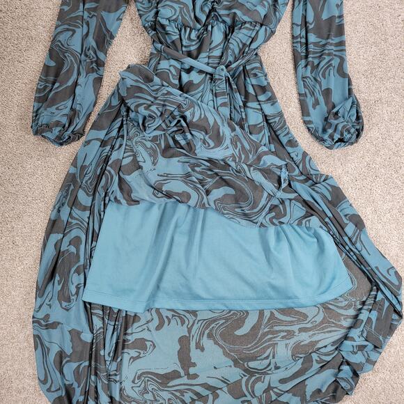 Ava & Viv‎ Swirl Maxi Dress Womens 1X Blue Mesh Ruched Long Balloon Sleeve - Picture 6 of 16